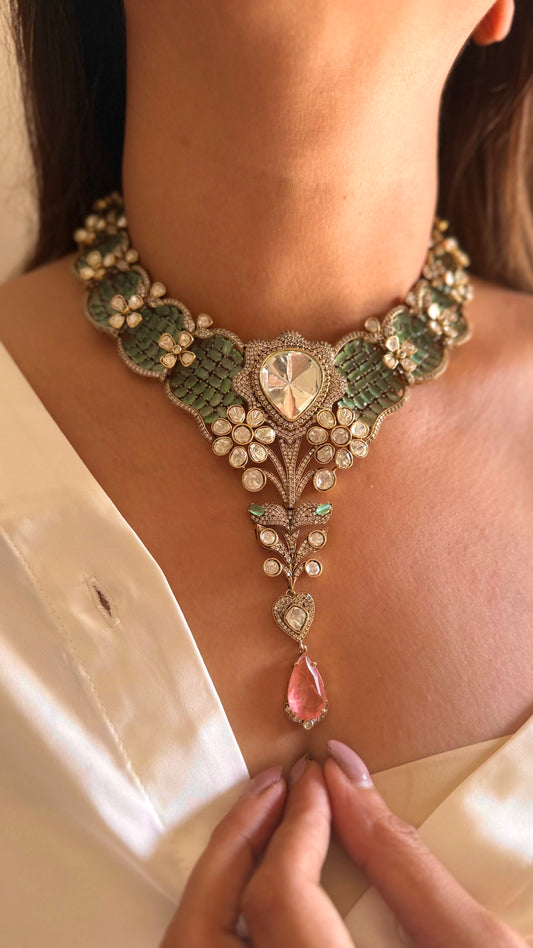 Vaidayi Designer uncut polki moissanite mint & rose quartz necklace