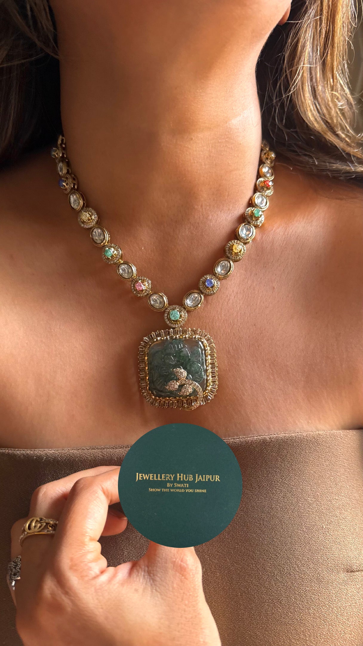Sabyasachi inspired Sage green carving stone multicoloured collar necklace