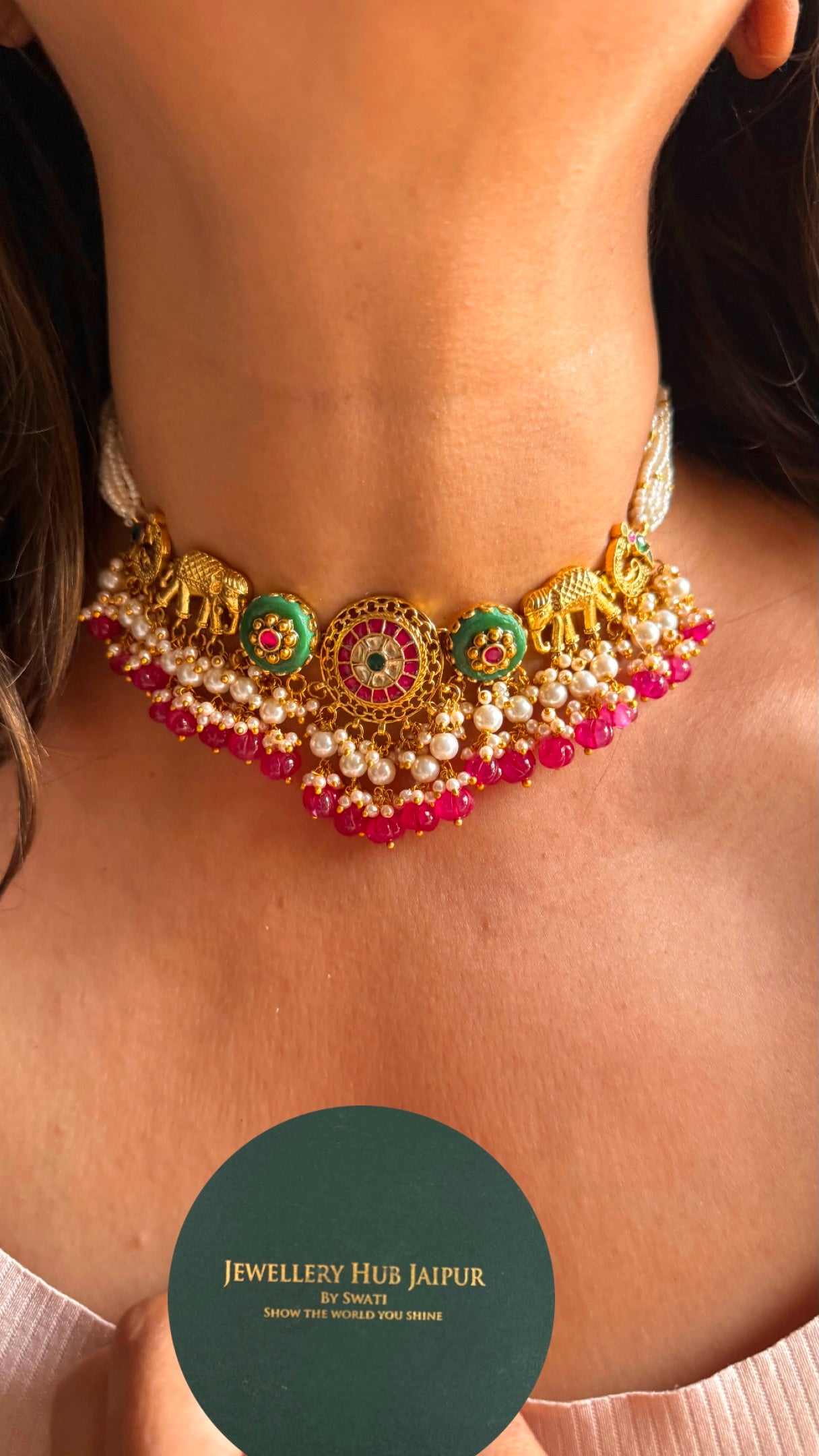 Gajj inspired heritage mint with Rani pink drops choker necklace