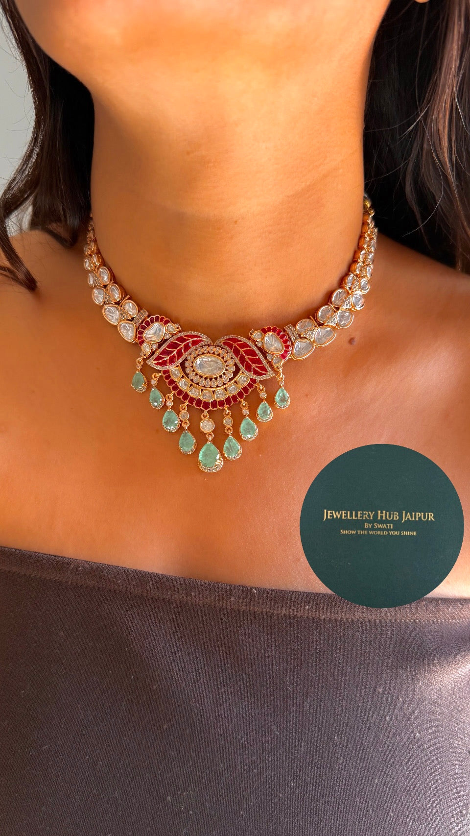 Mint & ruby leaf designer necklace