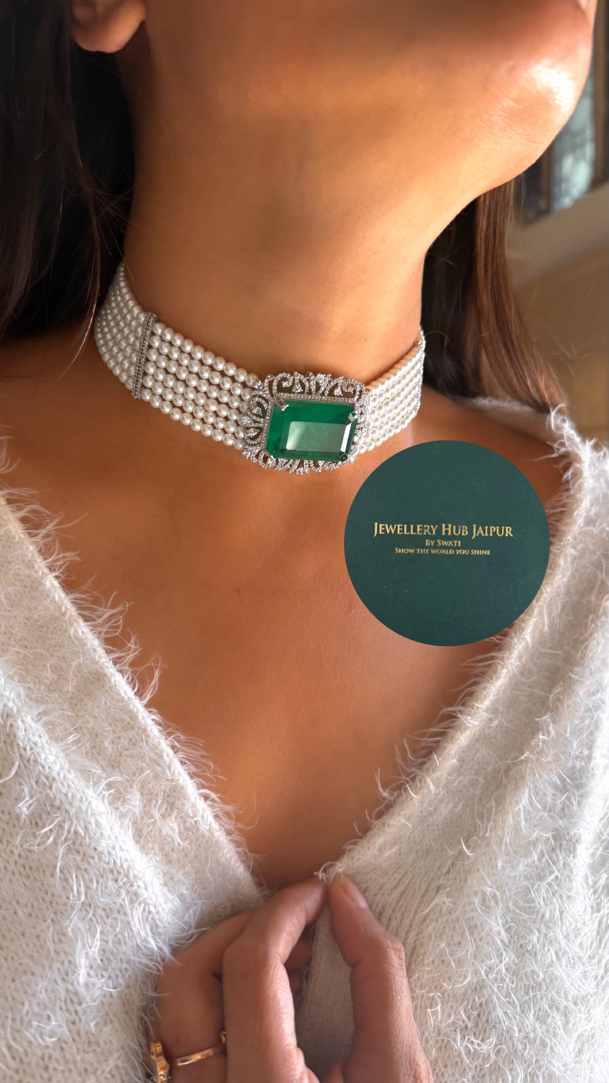 Emerald pearl cz diamond choker set