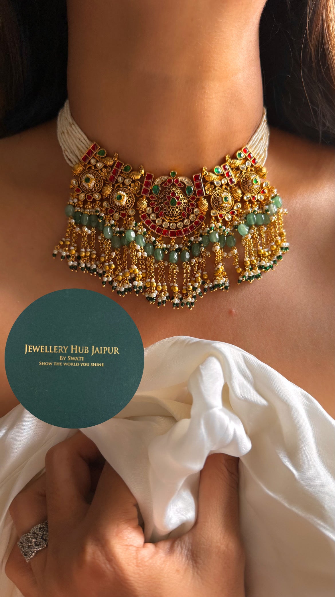 Handmade Heritage Polki Rani pink & emerald heritage rajwada with mint drop choker set