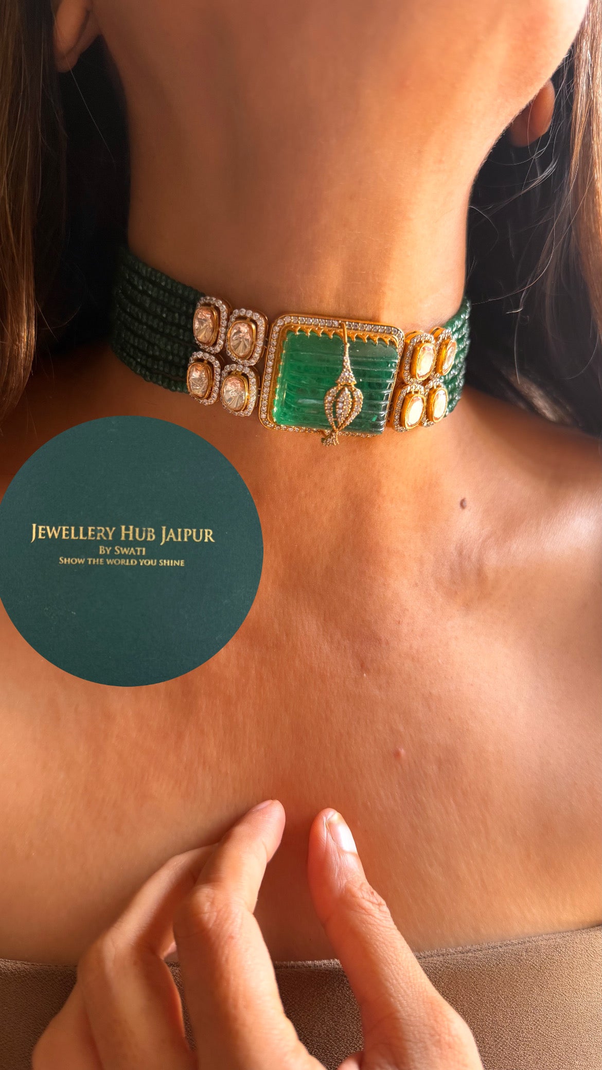 Emerald doublet & moissanite polki choker set
