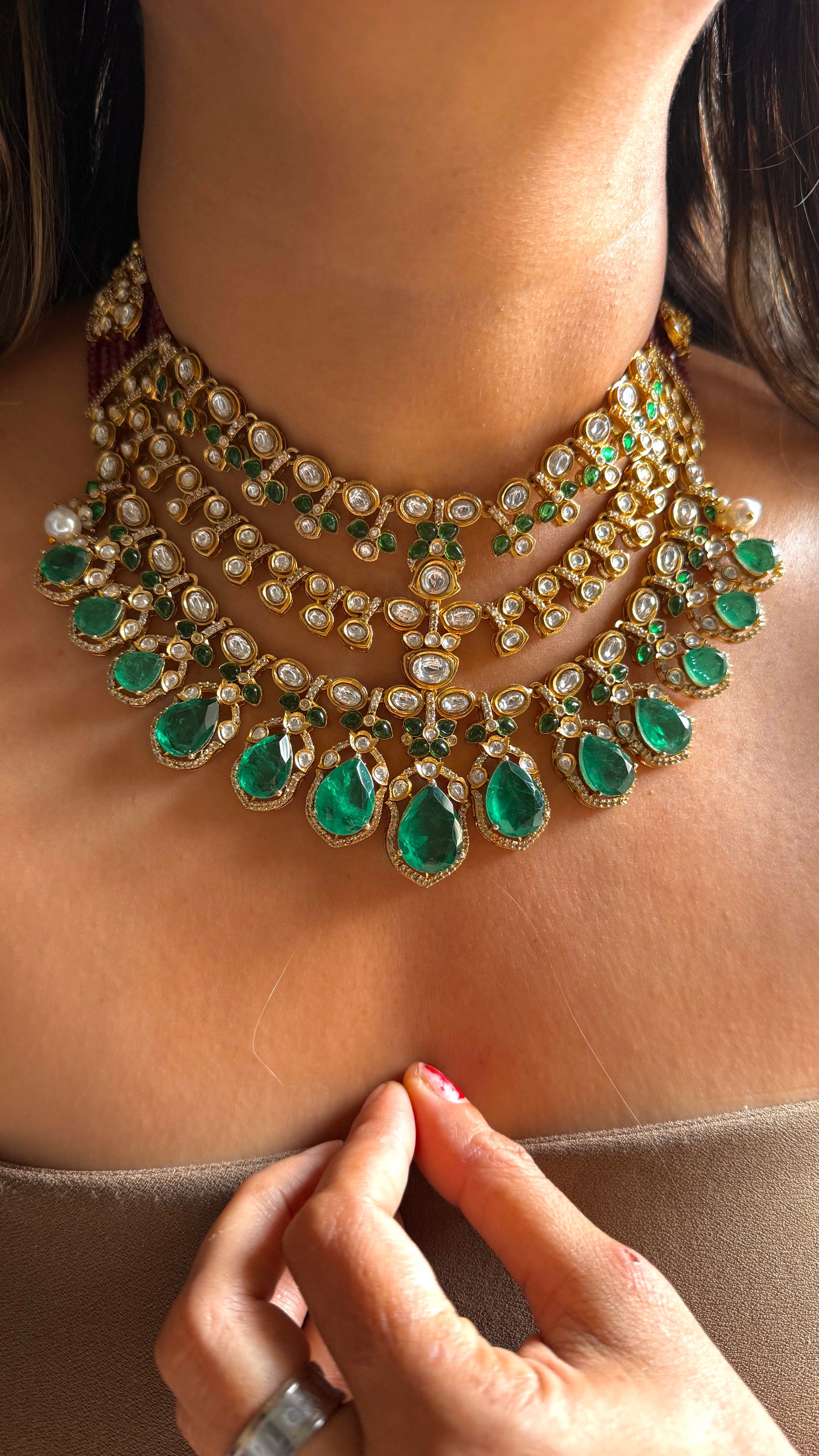 Emerald doublet & ruby polki work necklace
