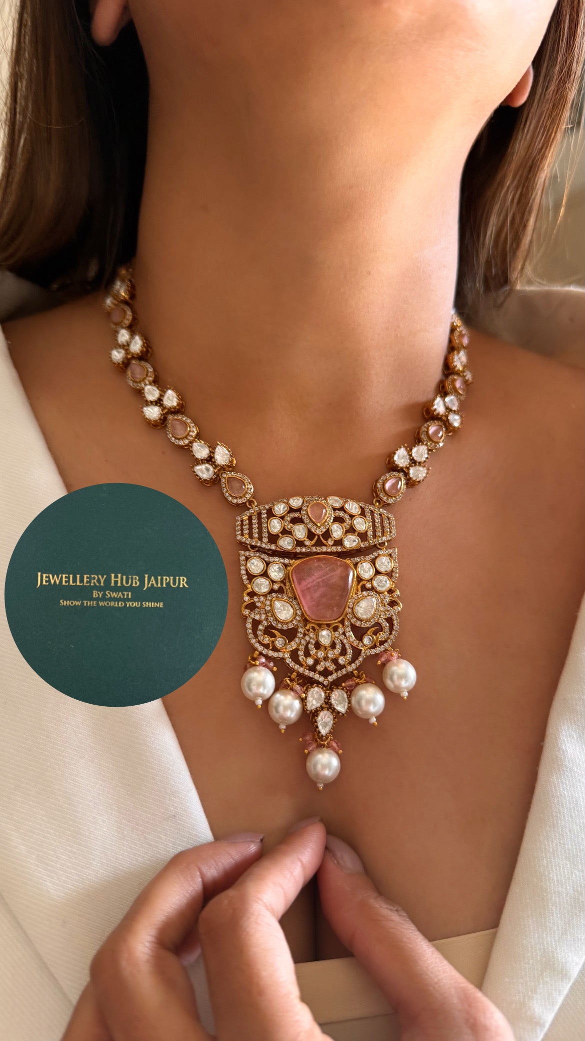 Neiza Rose quartz heritage moissanite collar necklace with earrings