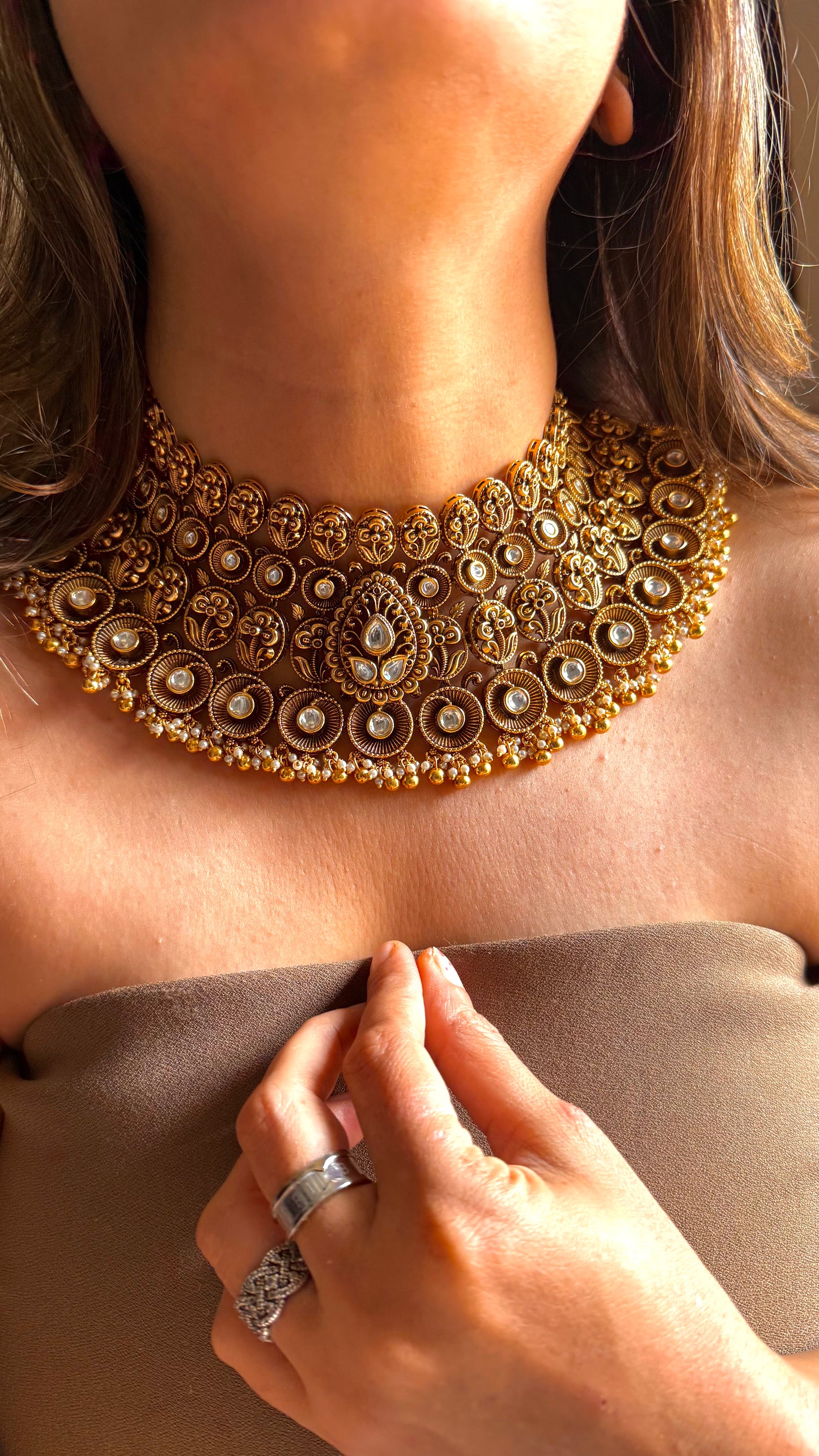 Floral Nakshi oxidised gold polki Choker