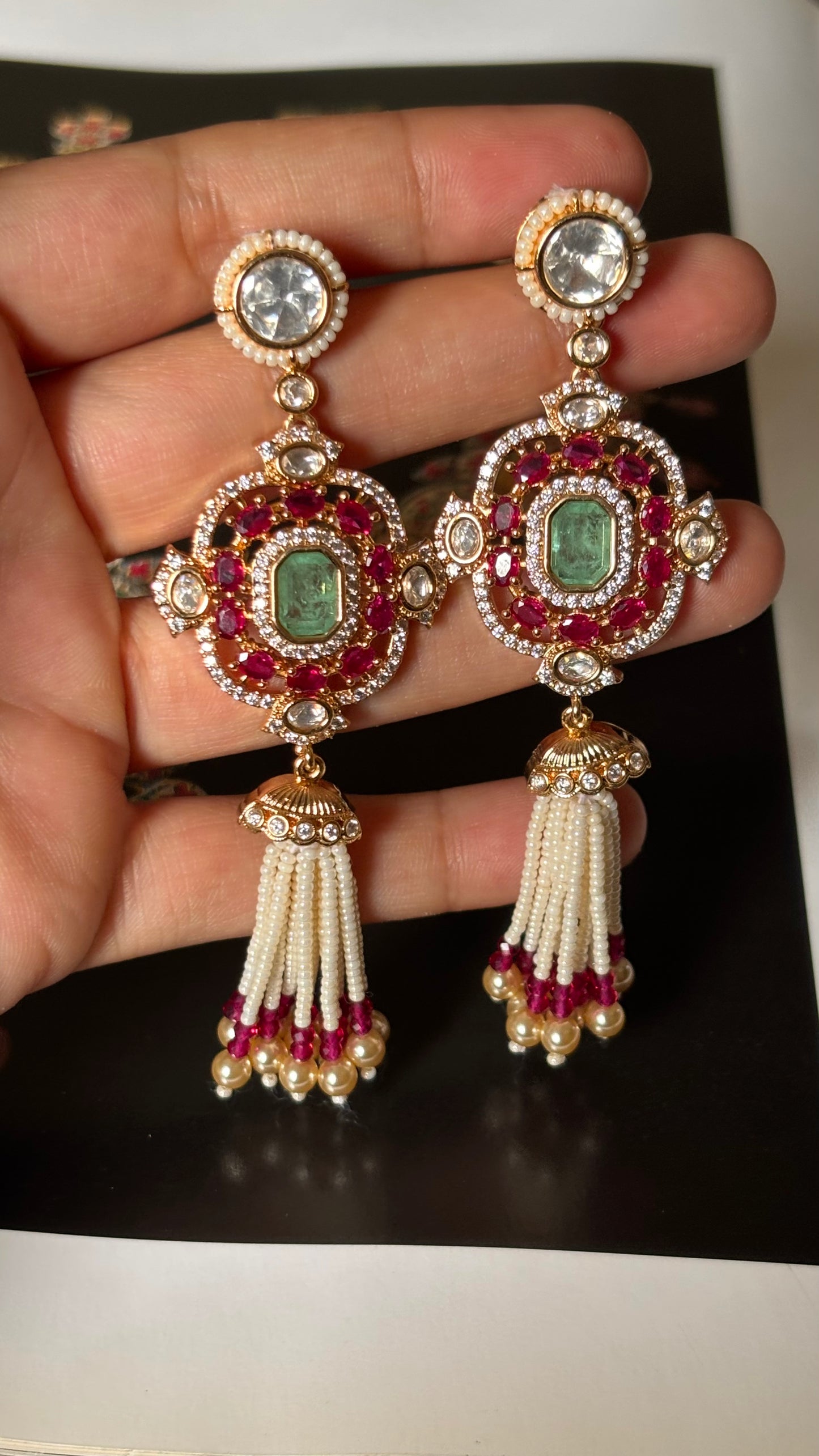 Rani pink doublets & mint with pearl detailing jhalar Earrings