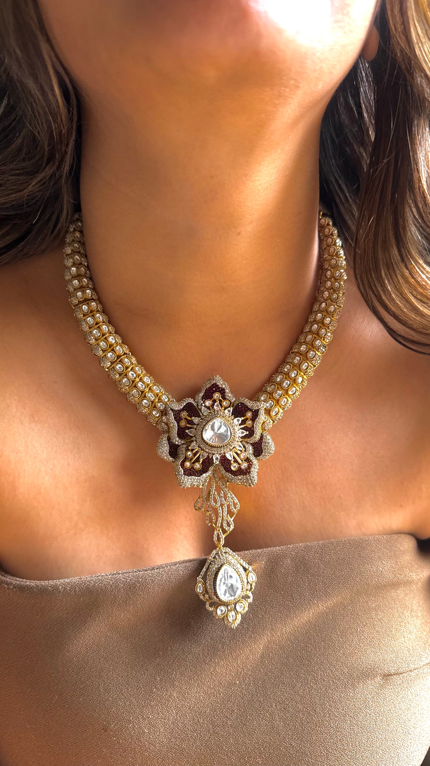 Ruby cluster setting cocktail necklace