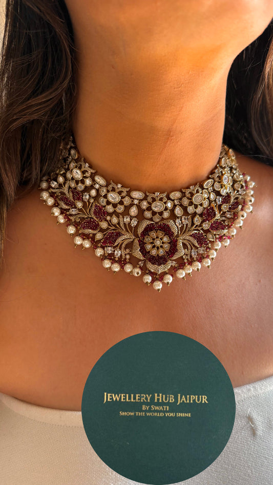 Ruby floral takkar work desigmer collar necklace