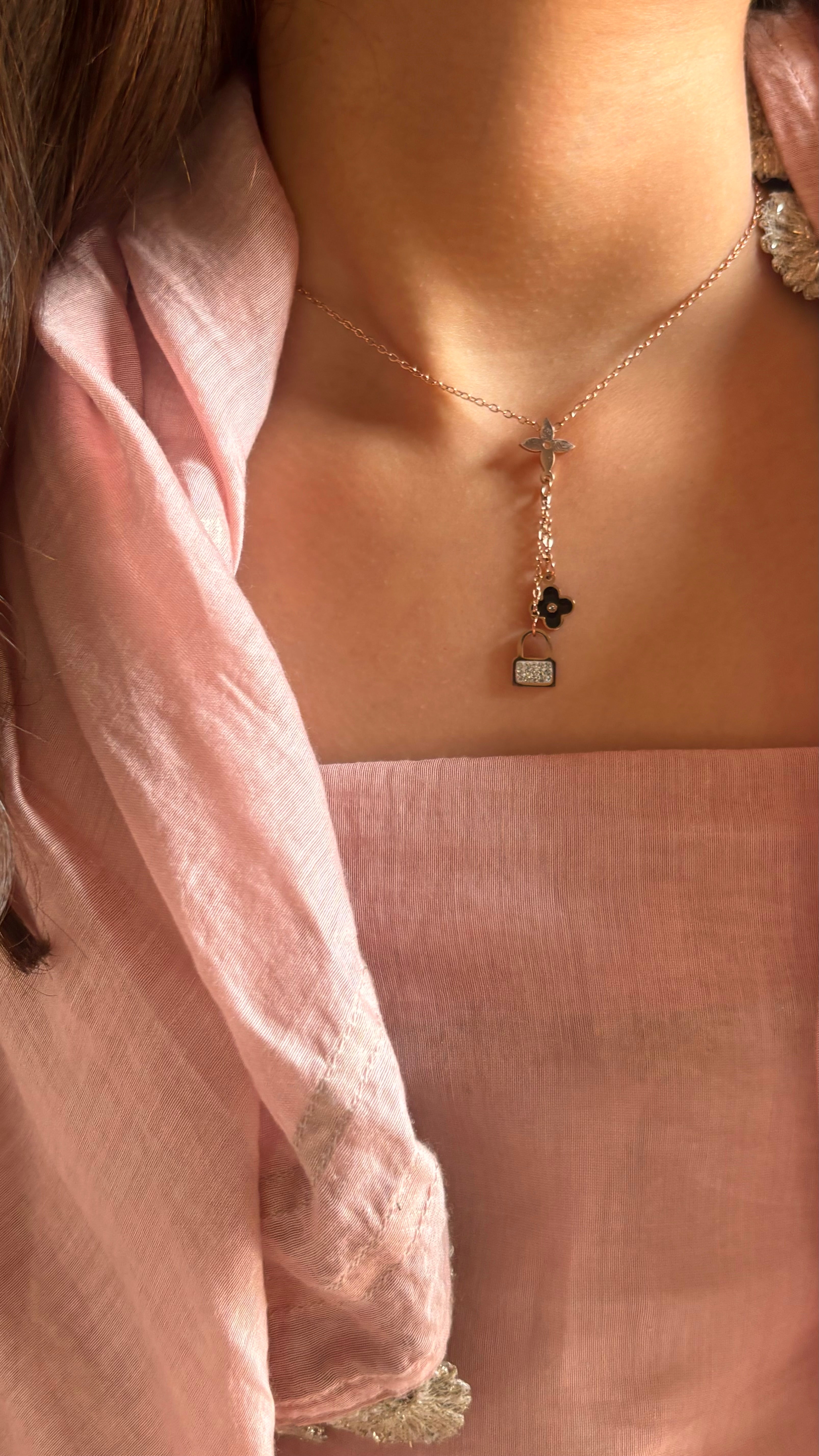 LV inspired rose gold necklace