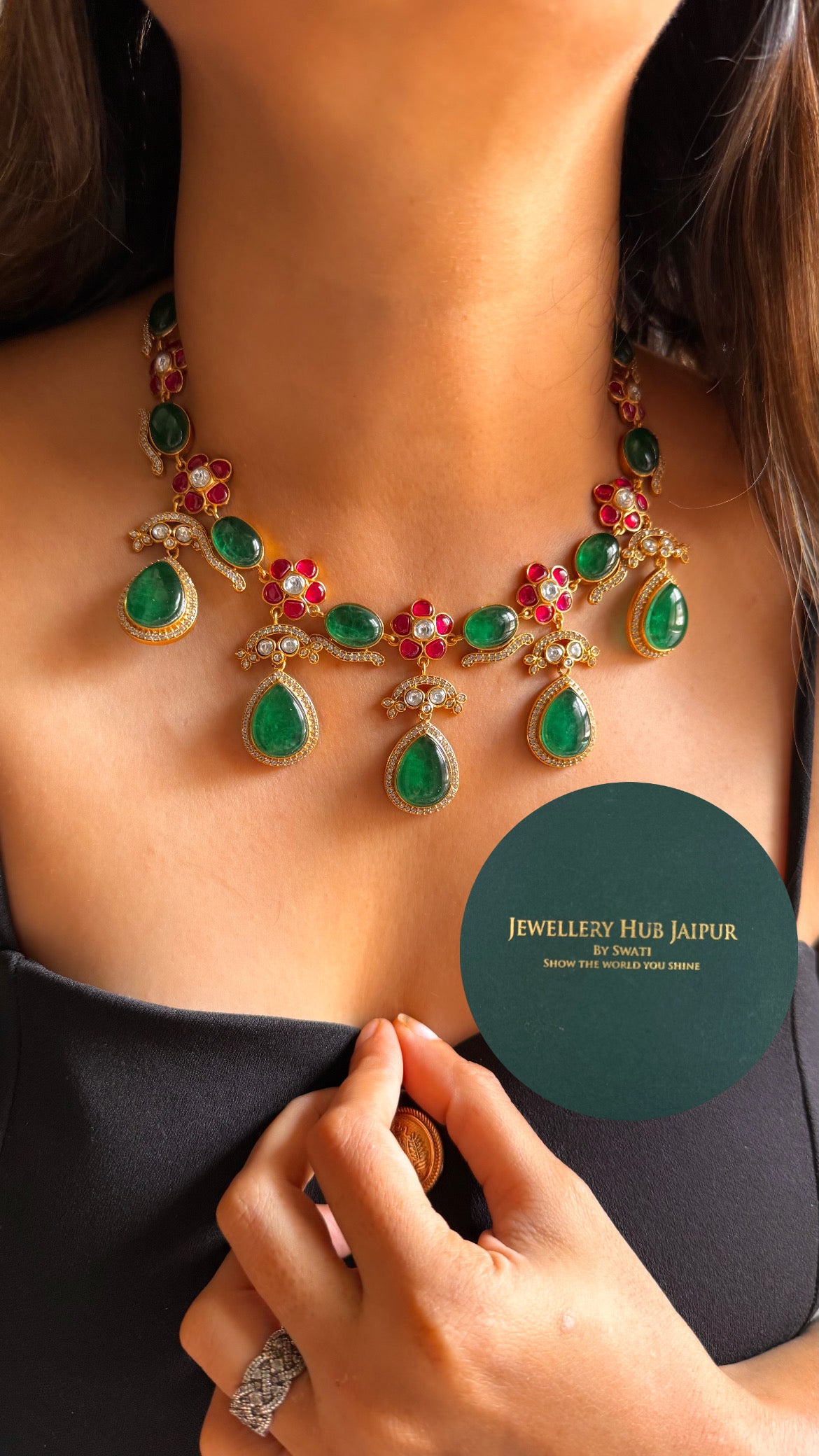 Amrapali inspired Natural stone Emerald doublet & rani pink floral moissanite collar set