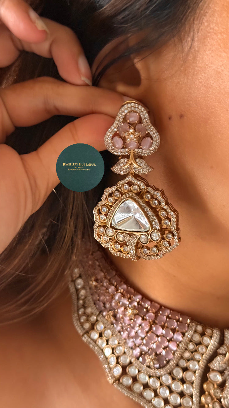 Rose quartz & moissanite polki designer choker set