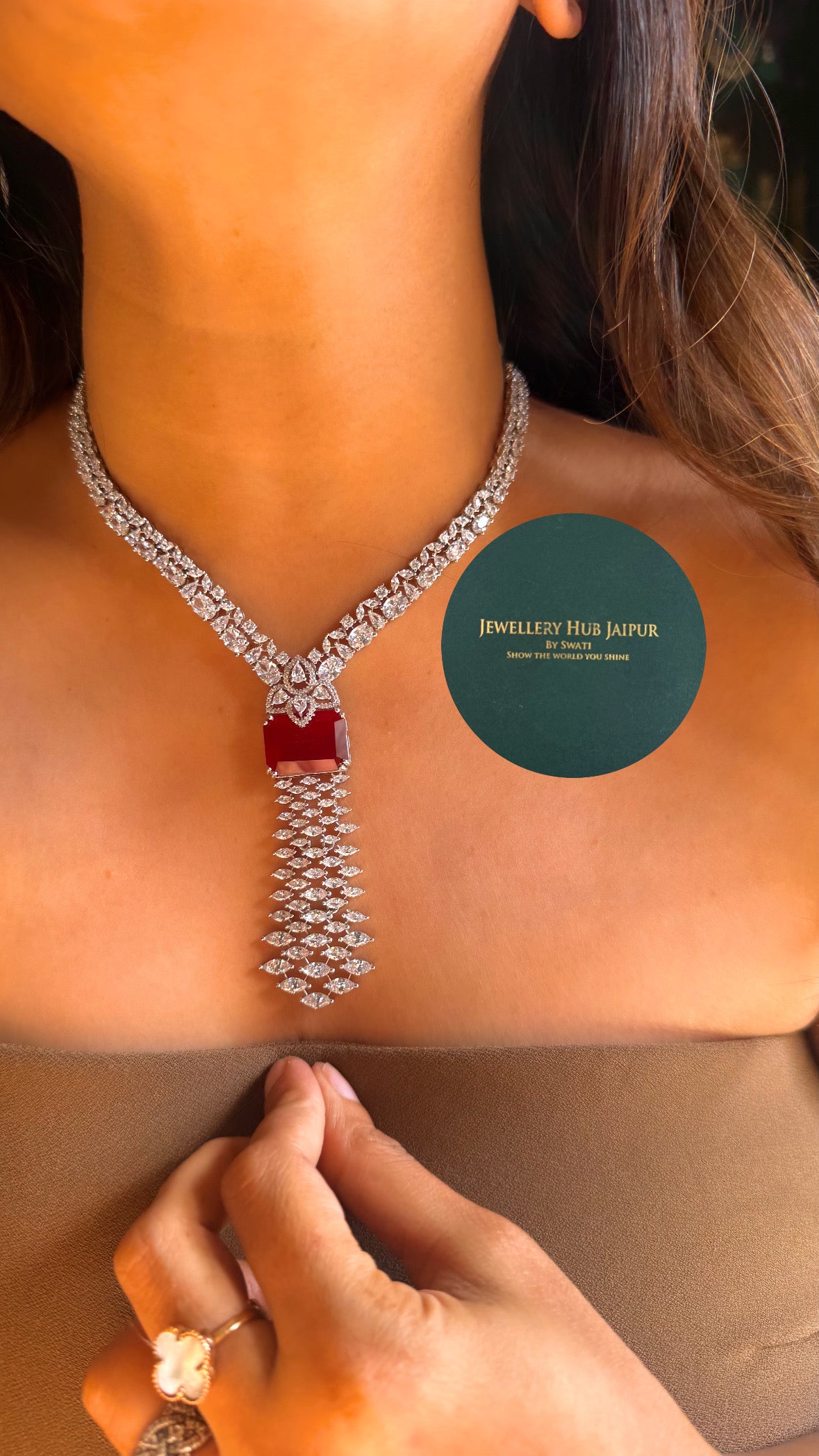 Ruby cz diamond doublet necklace