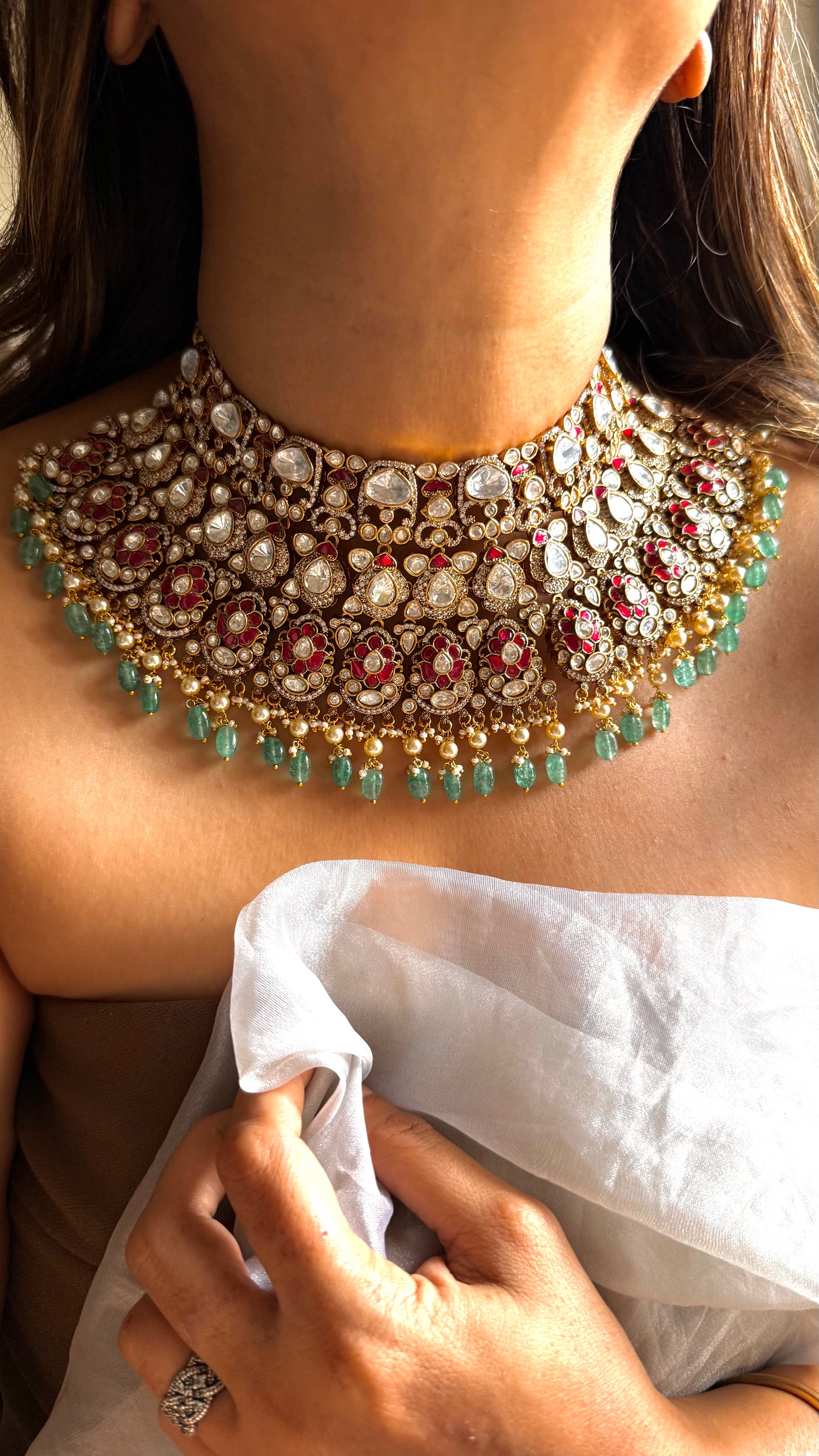 Rani pink takkar & mint drop choker with uncut polki detailing
