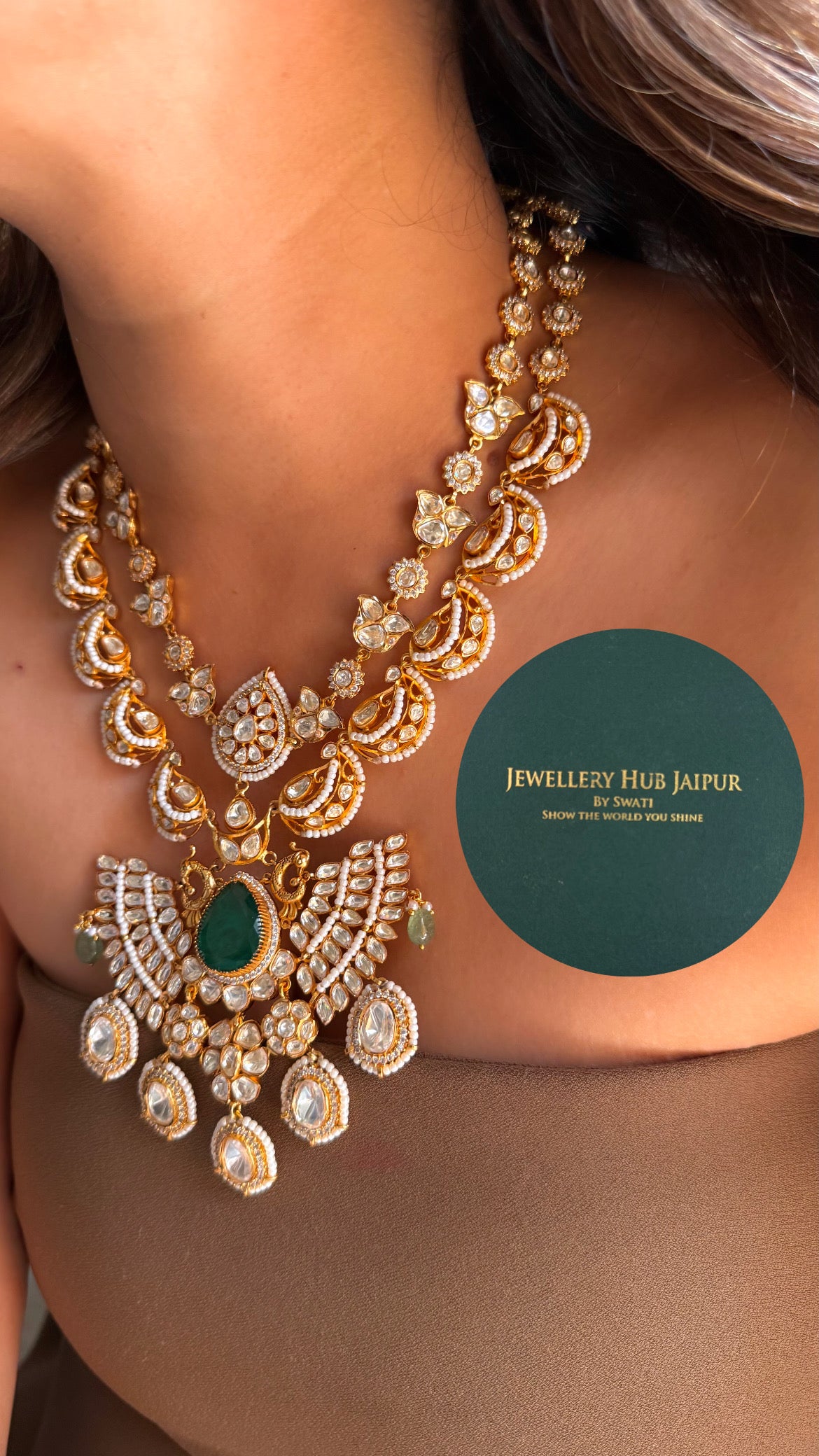 Real moissanite & emerald doublet with mint strawberry designer mid length set