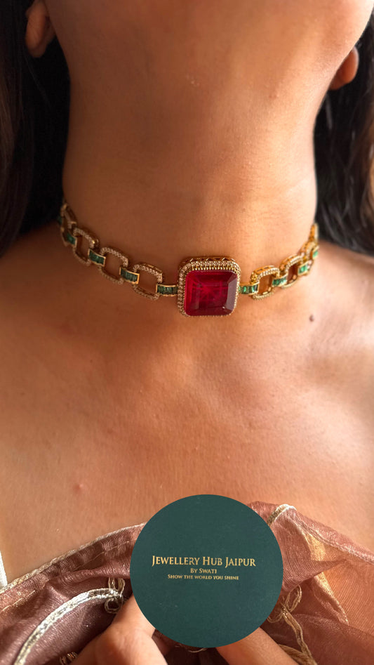 Ruby & emerald minimalist Choker necklace set