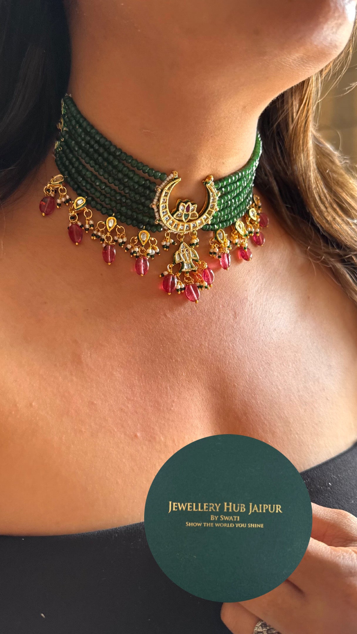 Moon shape emerald meenakari work with rose quartz drop Necklace