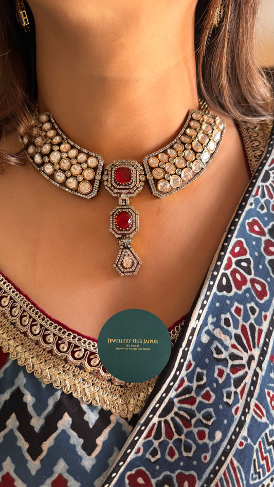 Ruby real moissanite peeli polki cocktail necklace