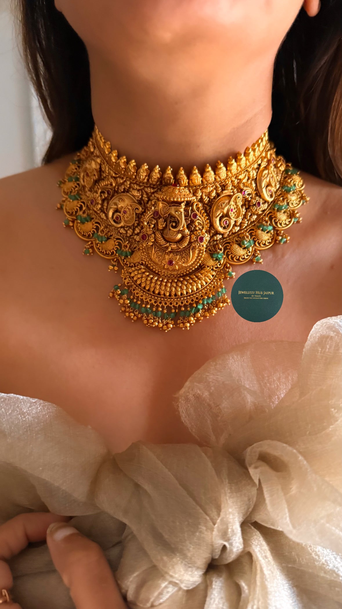 Lord ganesh and rani pink with mint drop choker set
