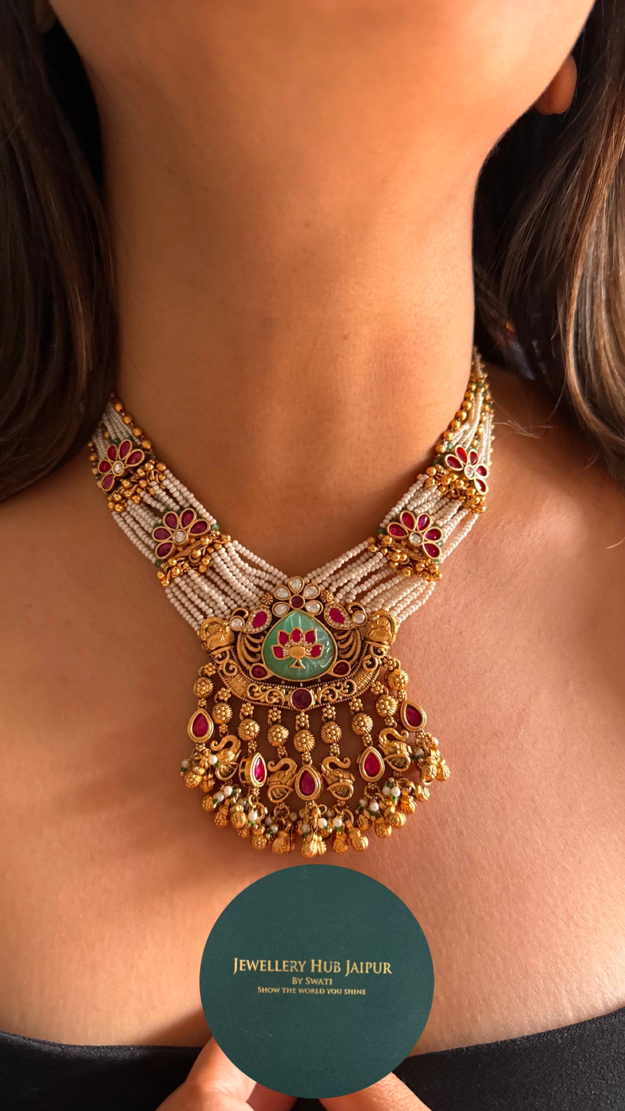 Rajwadi piroyi mint inlay necklace