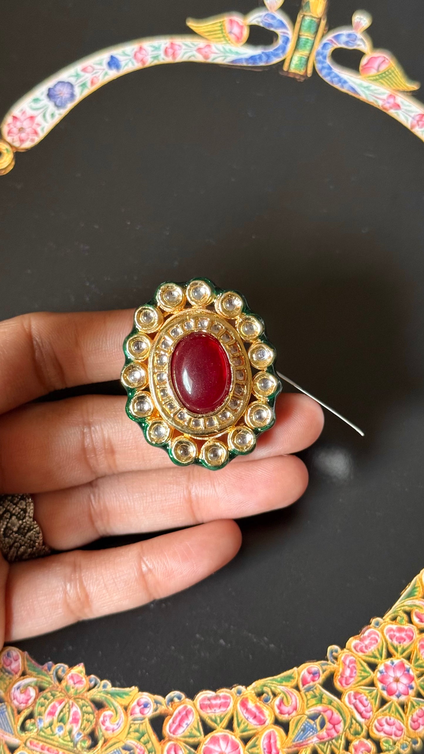 Ruby & meenakari paachi adjustable ring