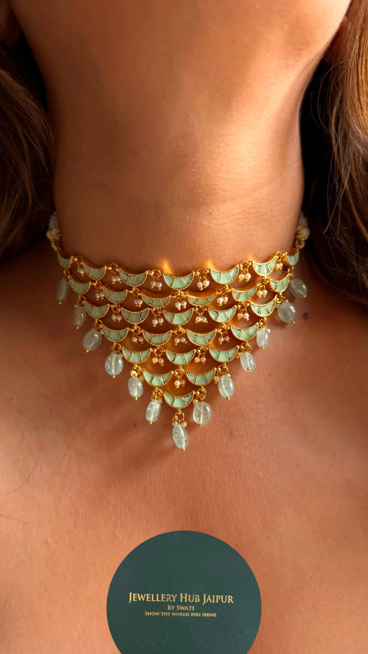 Designer mint half moon with strawberry drops choker Necklace