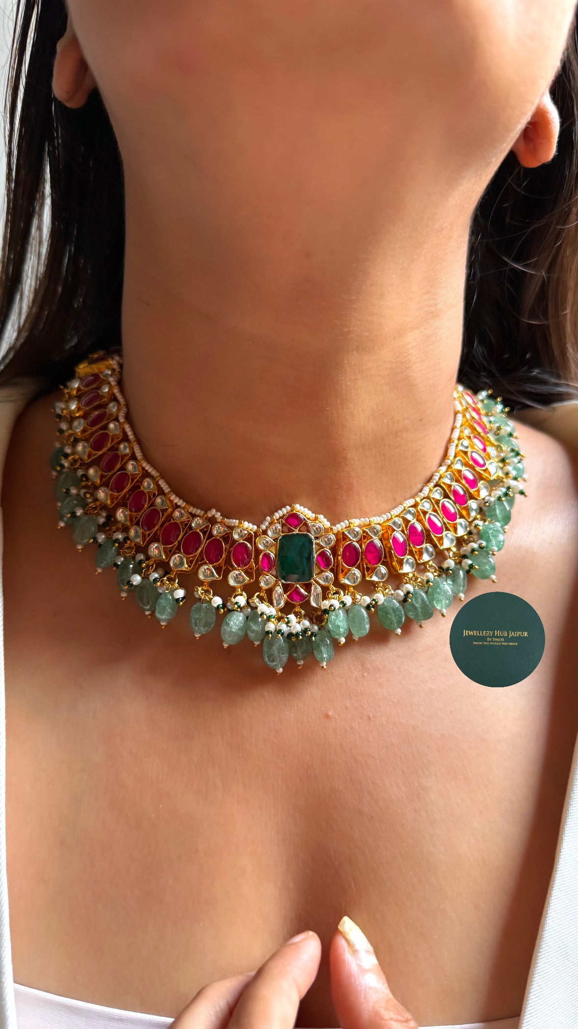 Paachi Kundan Emerald doublet & Rani pink with mint drops collar set