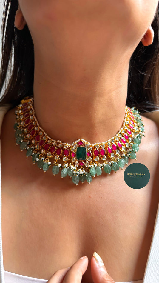 Paachi Kundan Emerald doublet & Rani pink with mint drops collar set