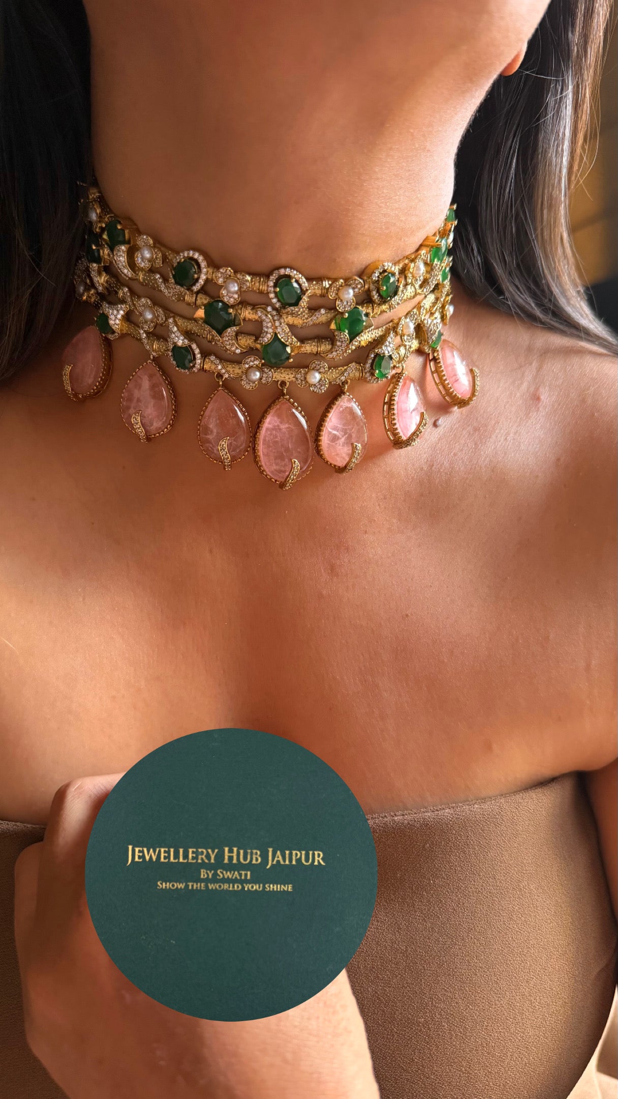 Emerald & rose quartz cocktail statement choker