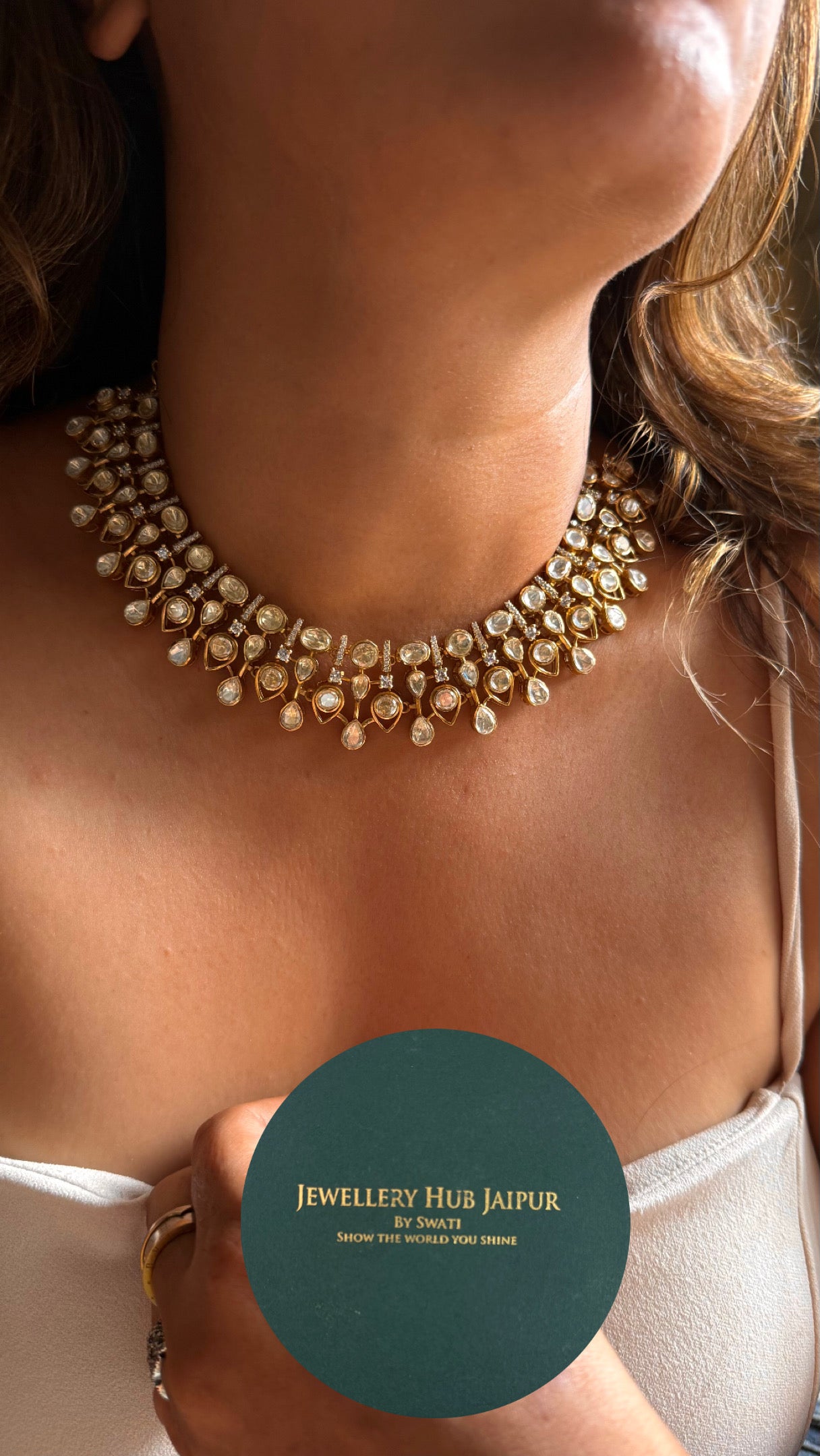 Real Moissanite peeli polki designer Necklace