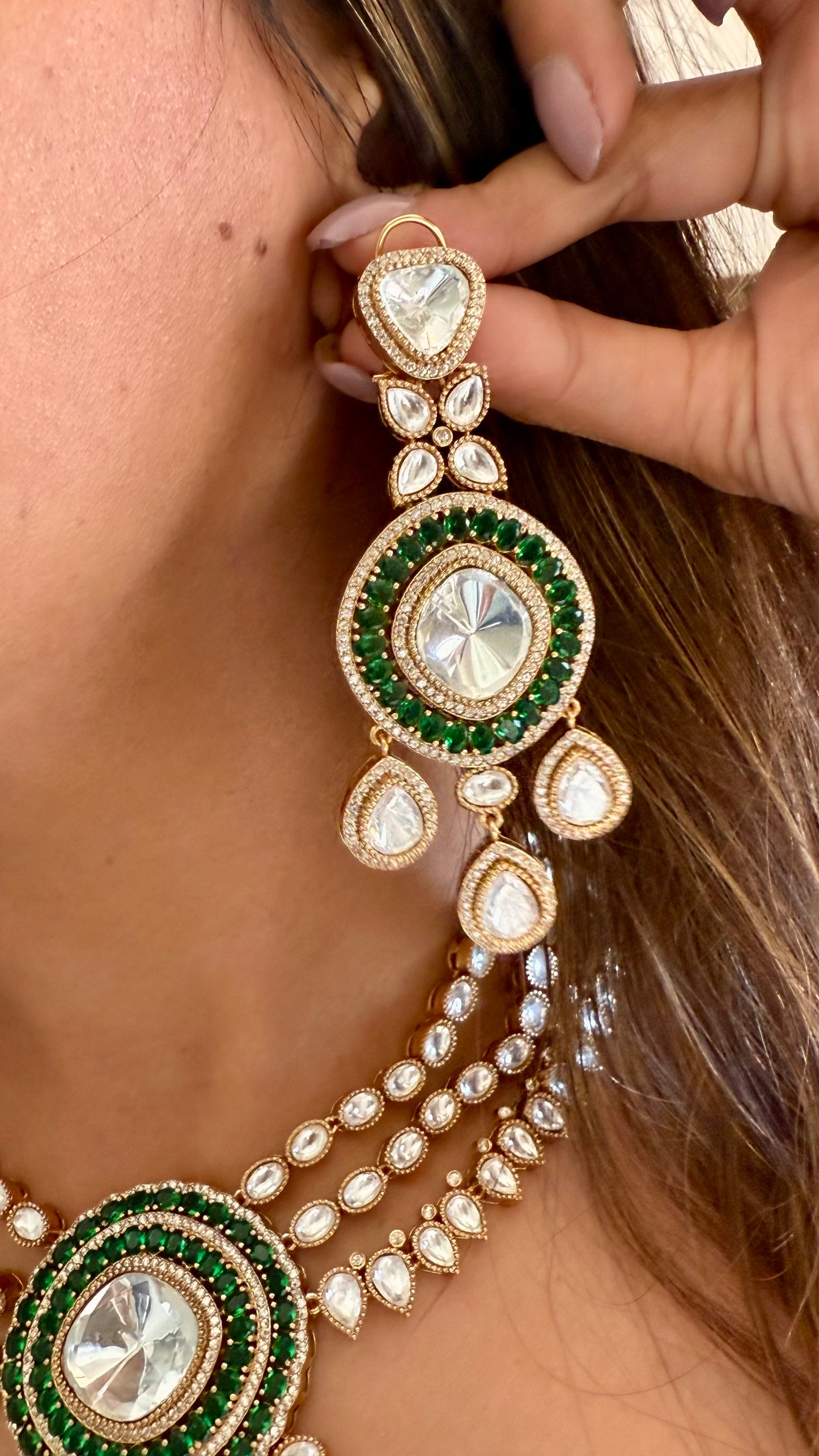 Emerald moissanite polki drop triple layered collar necklace