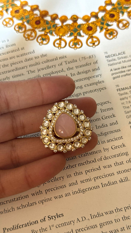 Drop shape rose quartz moissanite ring