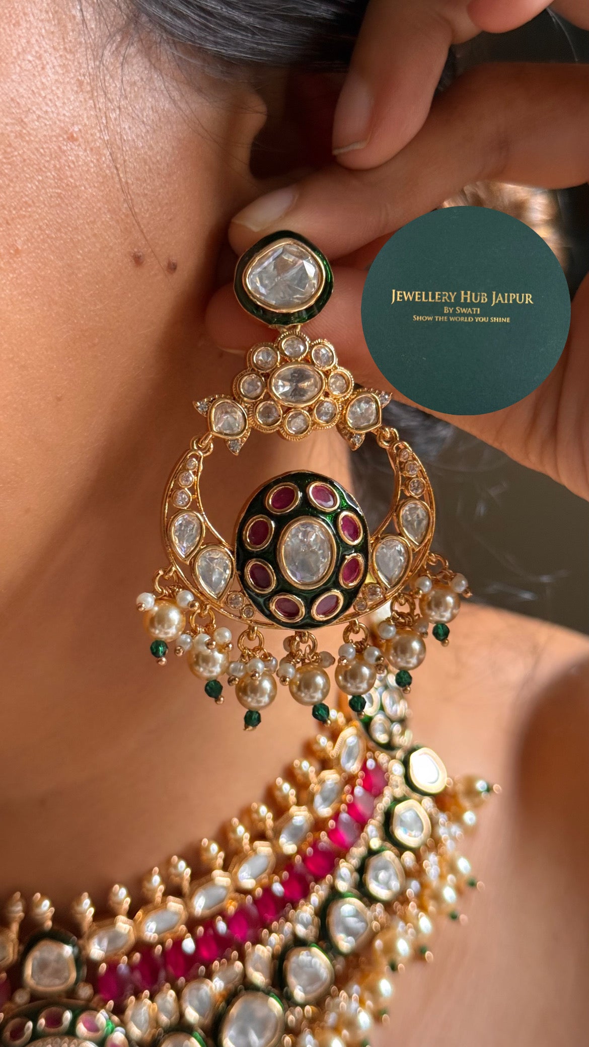 Emerald meenakari & rani pink doublet bombay polki with pearl drop choker set