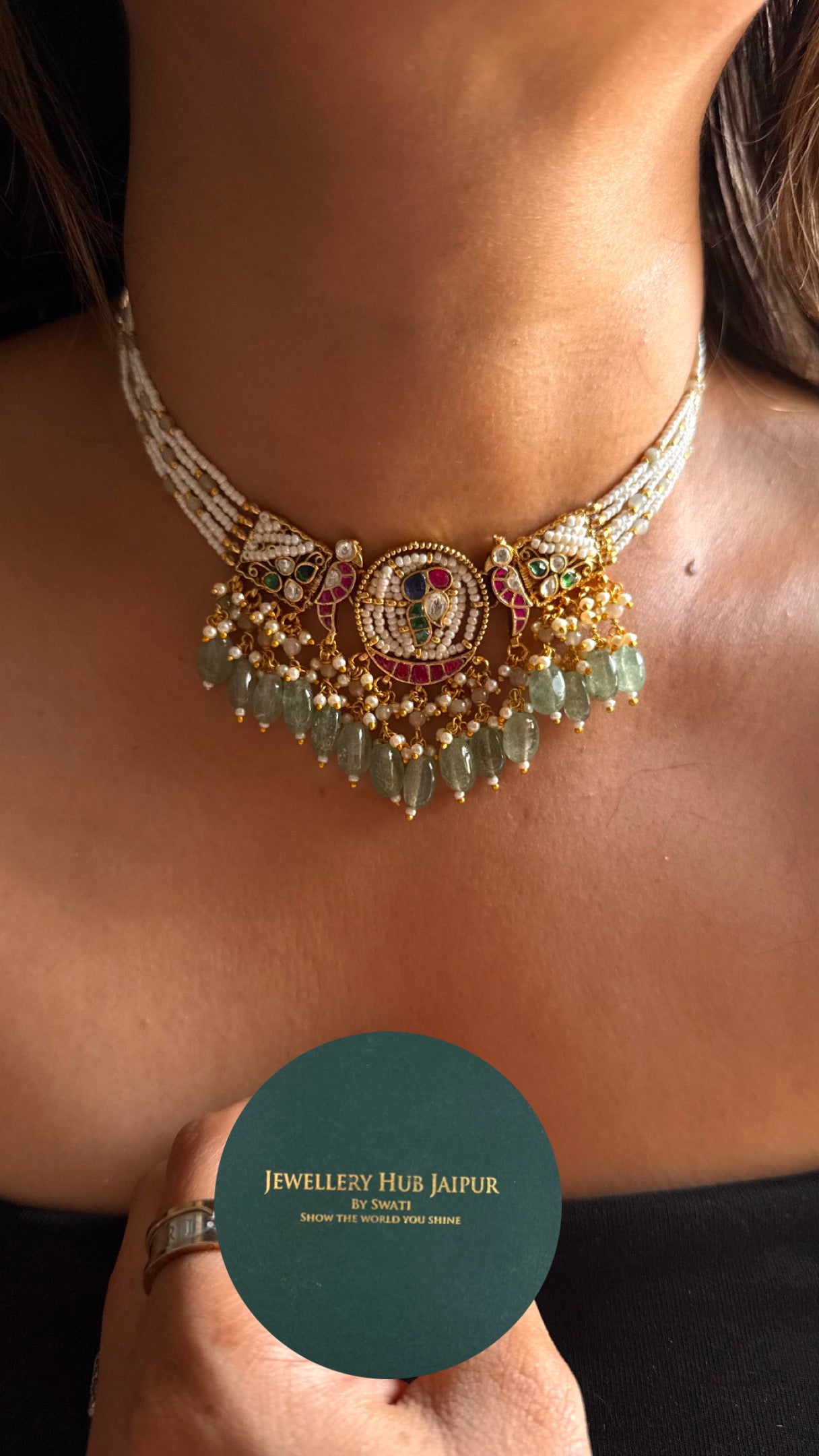 Paachi kundan choker with mint strawberry detailing