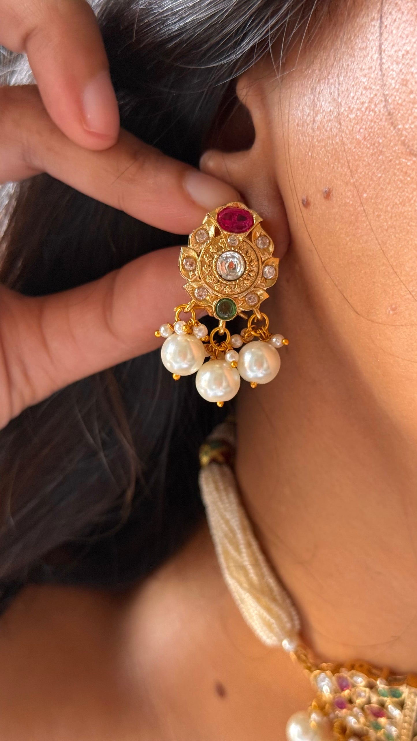 Paachi Kundan Rani pink ruby & mint with pearl detailing choker necklace