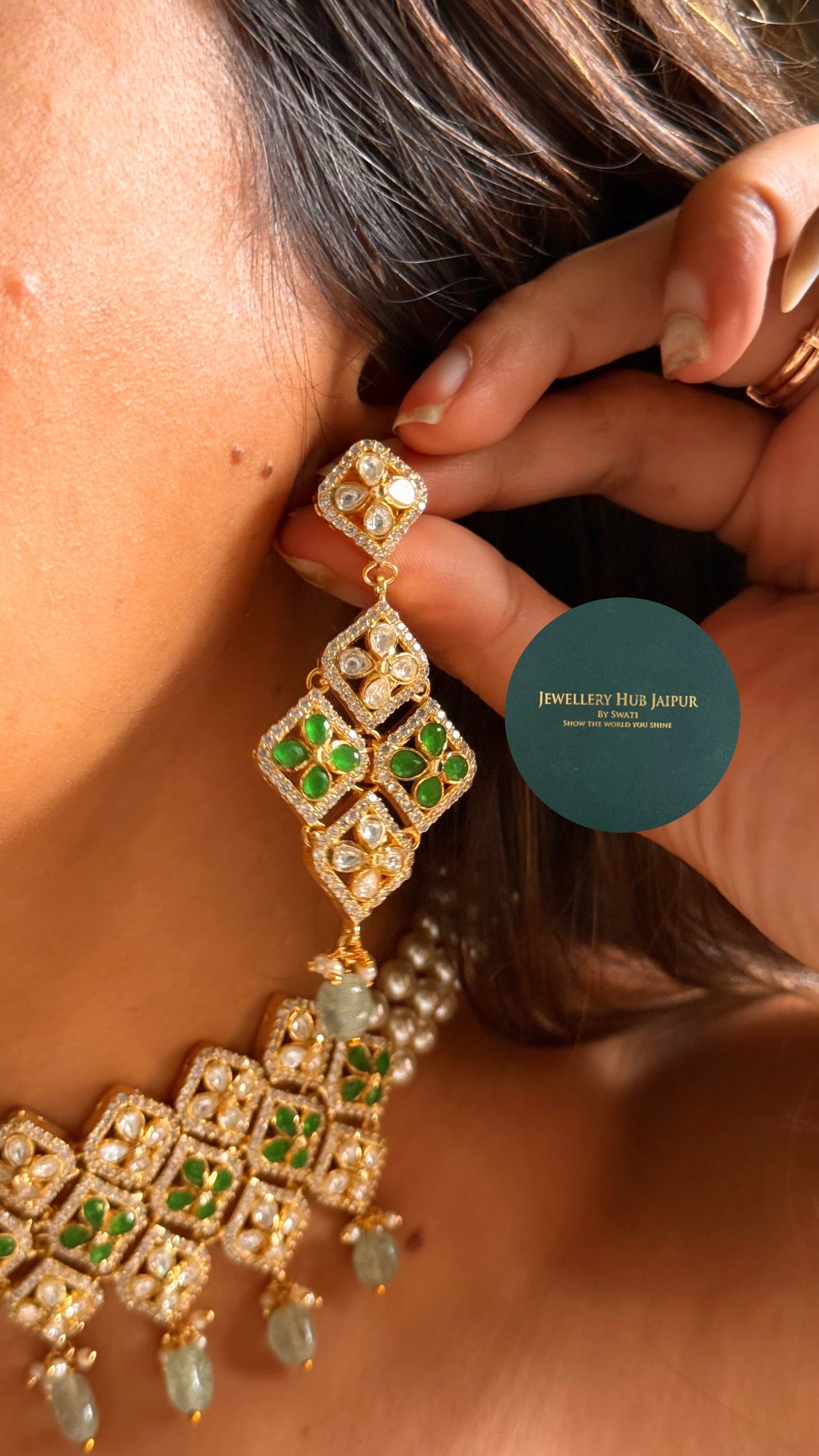 Rani pink & emerald floral polki with mint drop choker set
