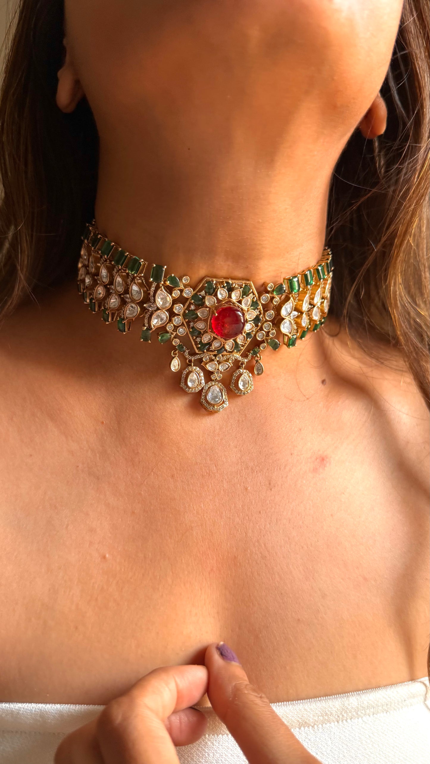 Ruby doublet & emerald moissanite choker set