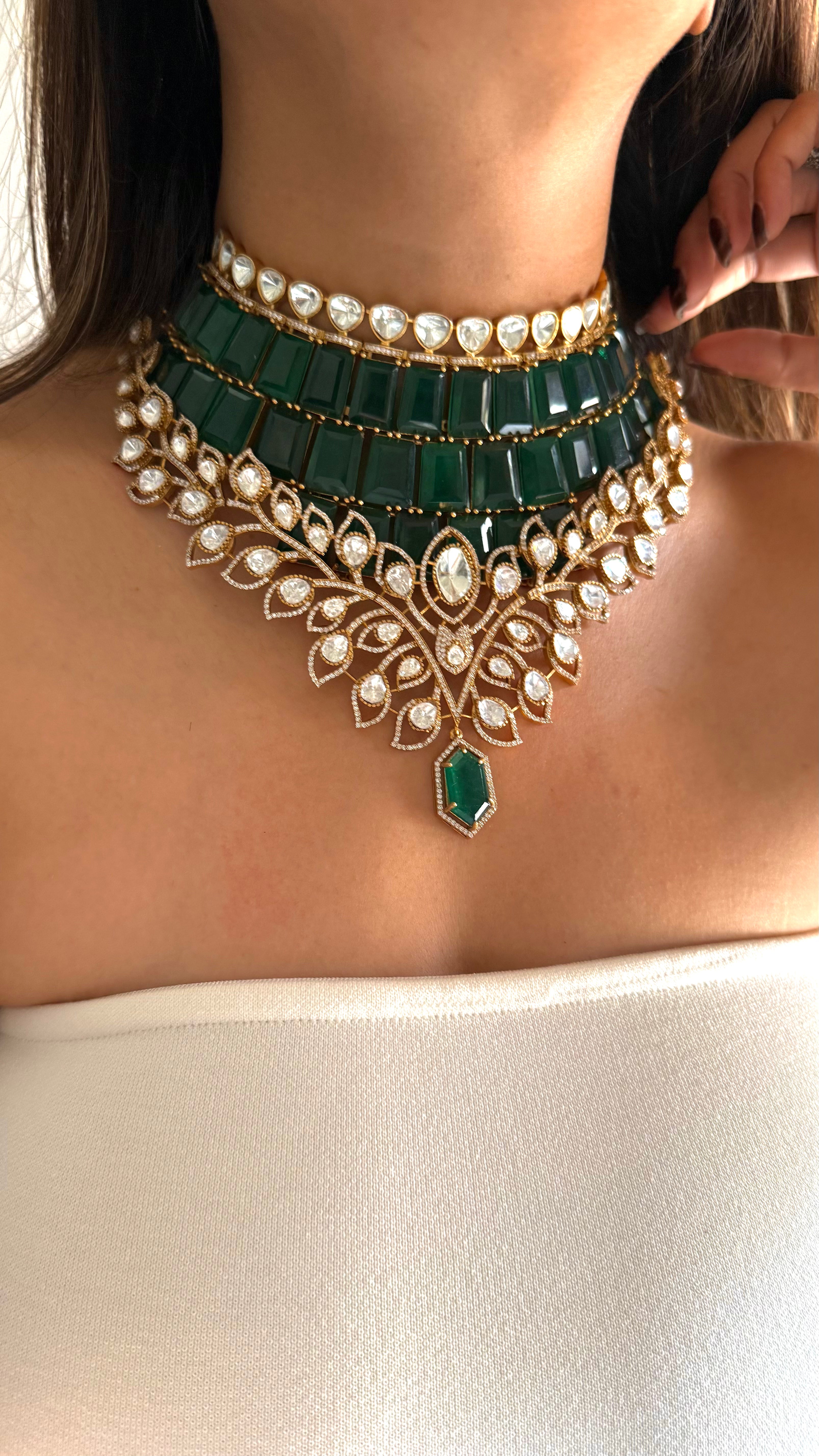 Emerald doublet Moissanite Polki leaves designer choker