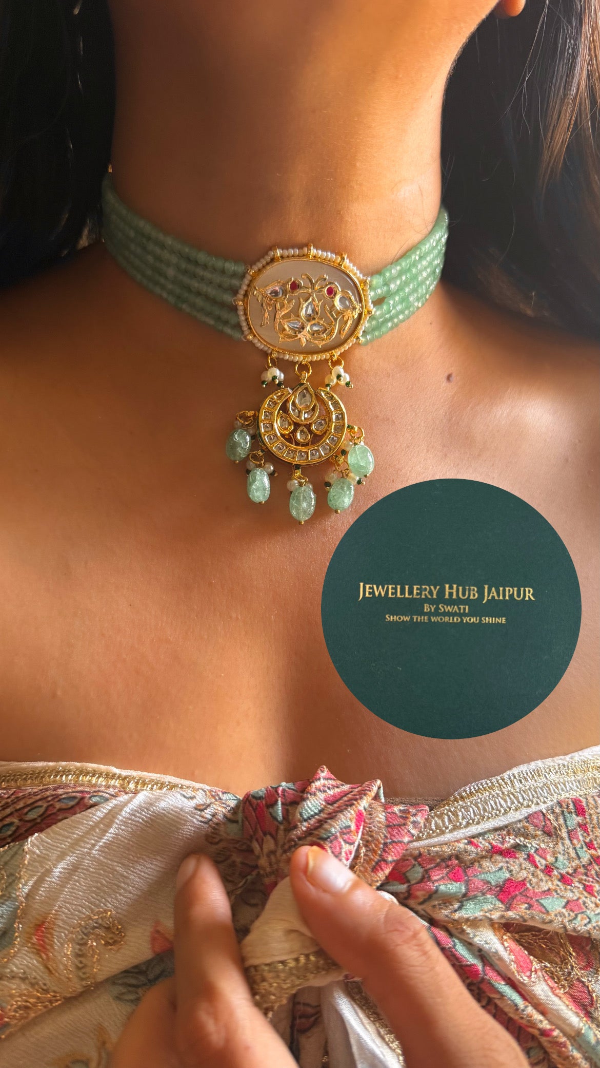 Rose quartz inlay work with mint drops & emerald meenakari paachi choker set