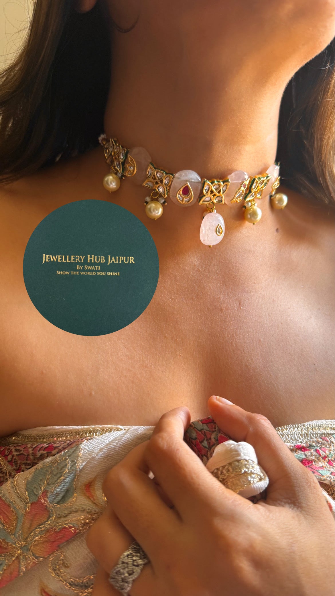 Rose quartz inlay work & emerald meenakari paachi choker set