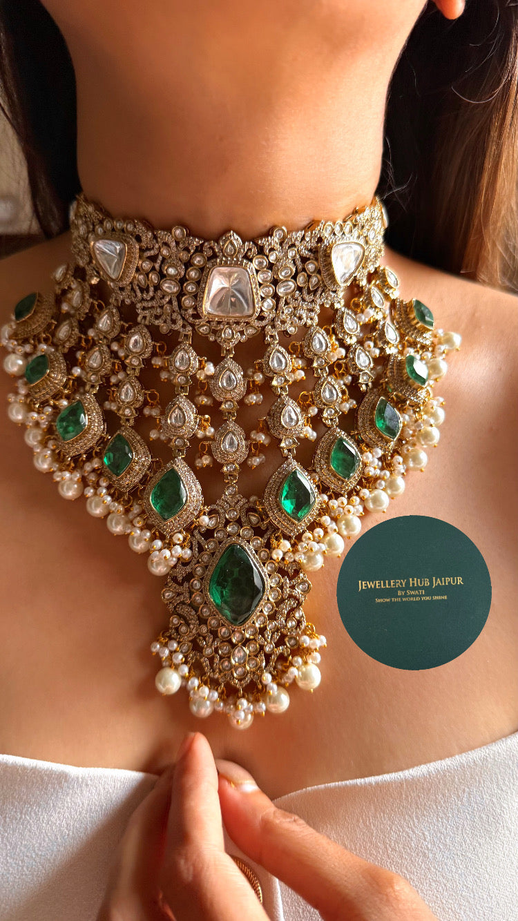 Emerald doublet moissanite polki with pearl choker set