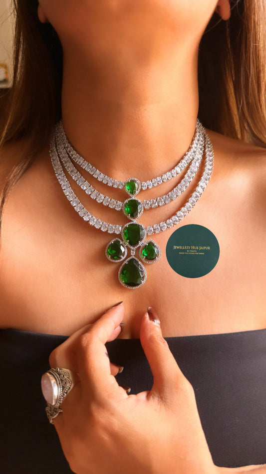 Emerald triple layer cz diamond necklace