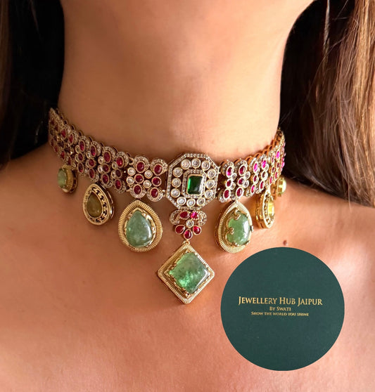 Vanya Mint doublet and rani pink moissanite choker set