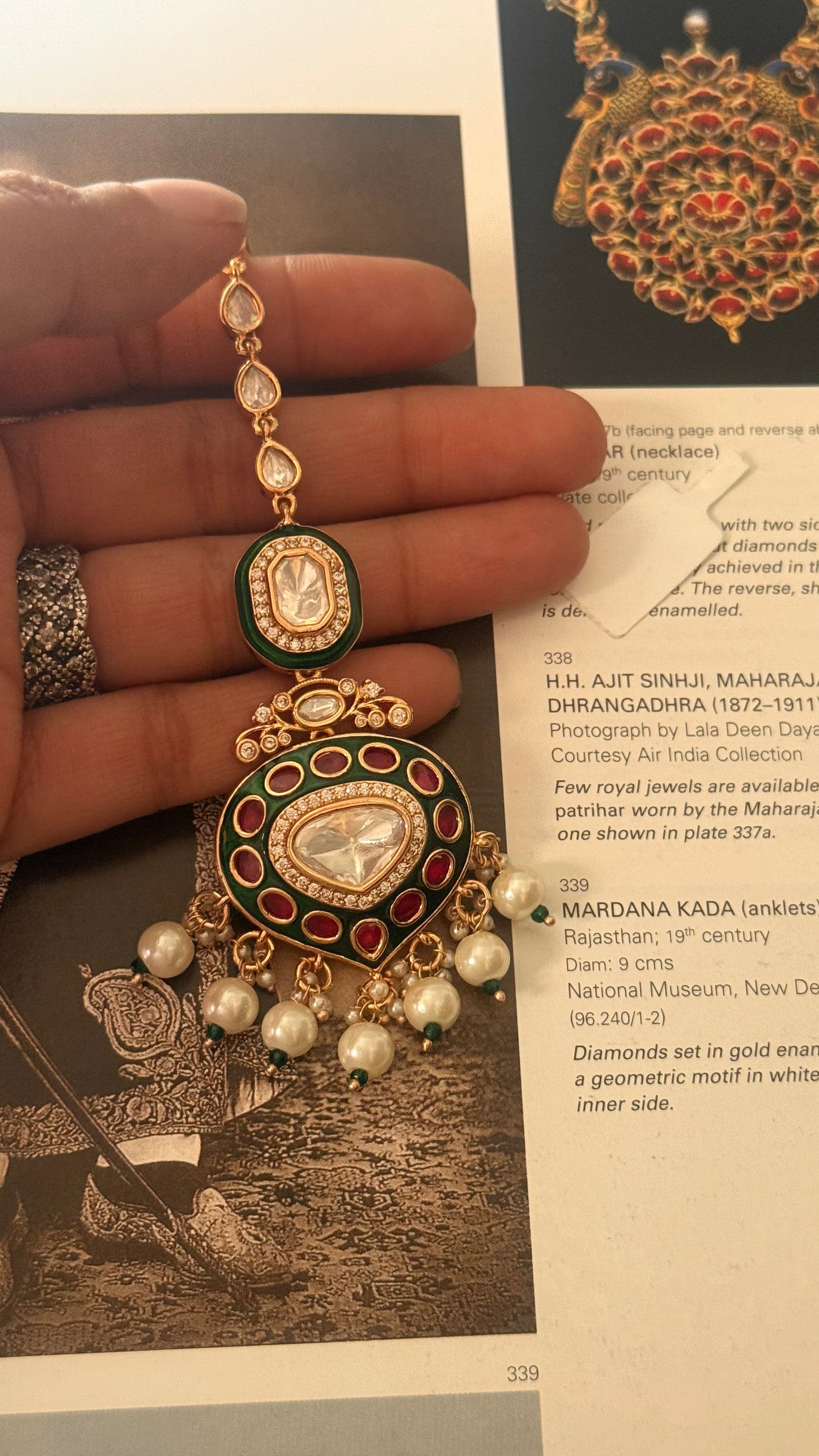 Emerald & rani pink meenakari gold  maangtika