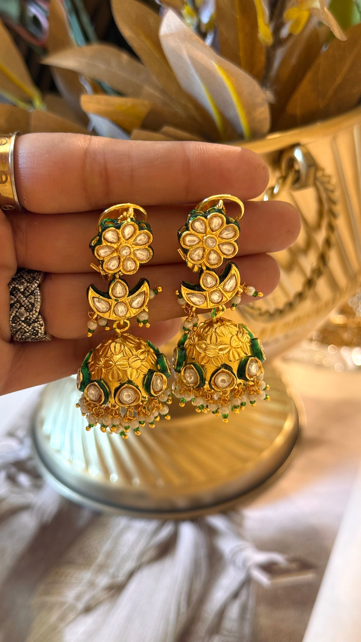 Meenakari back clip polki chandbali