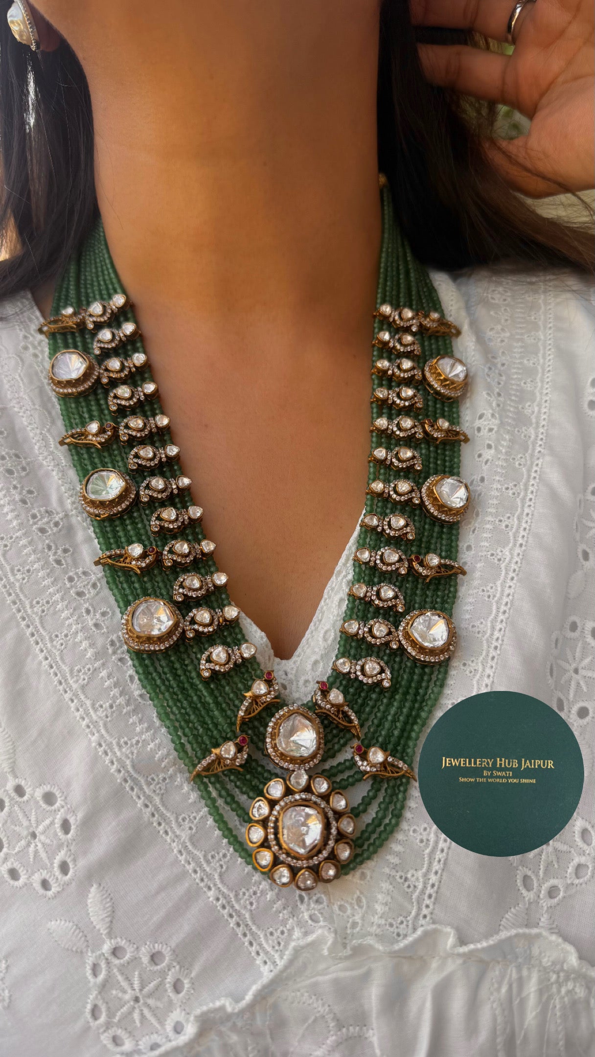 Emerald unisex uncut polki mala with earrings