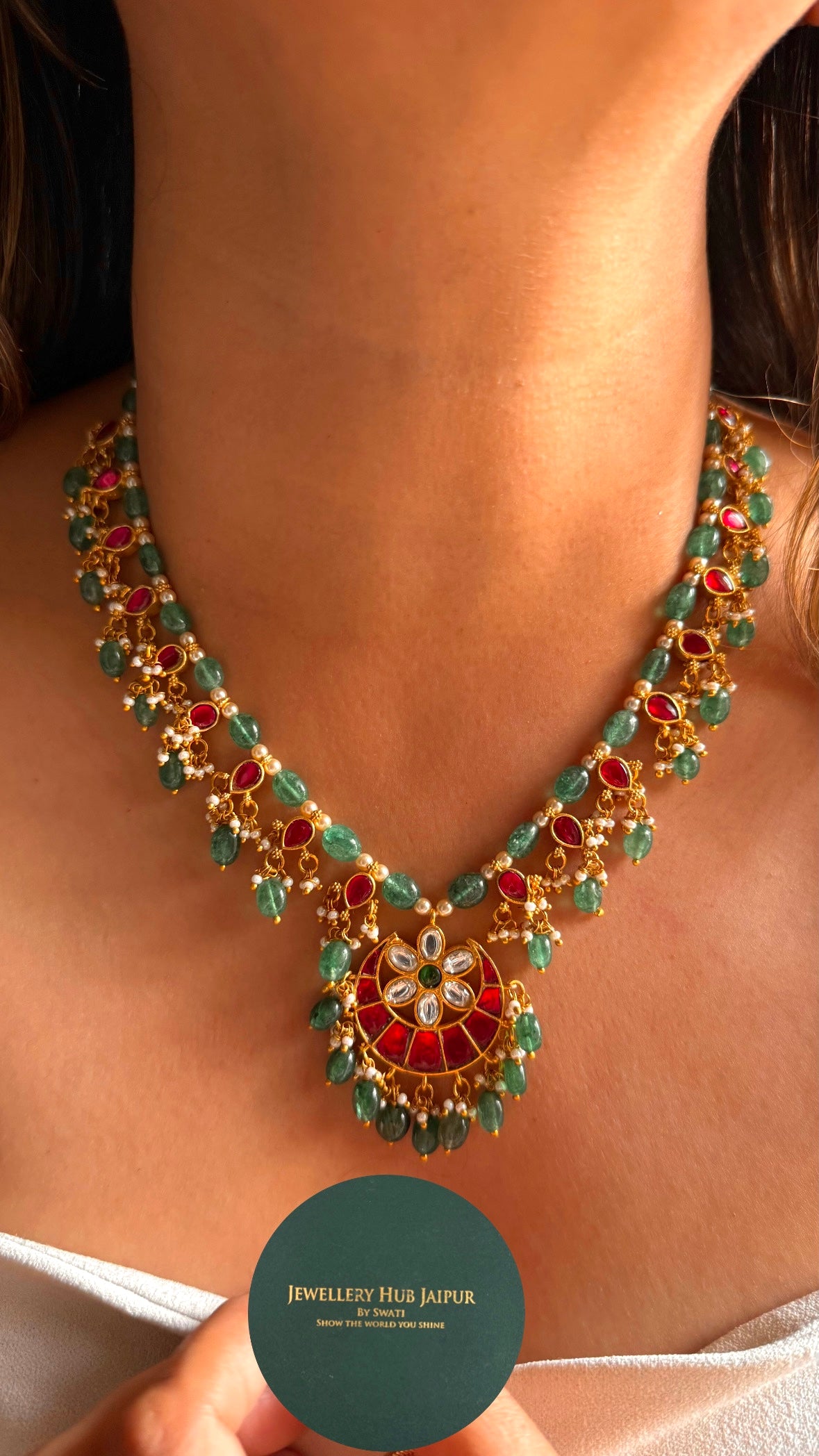 Half moon shape ruby & emerald paachi jadau Necklace