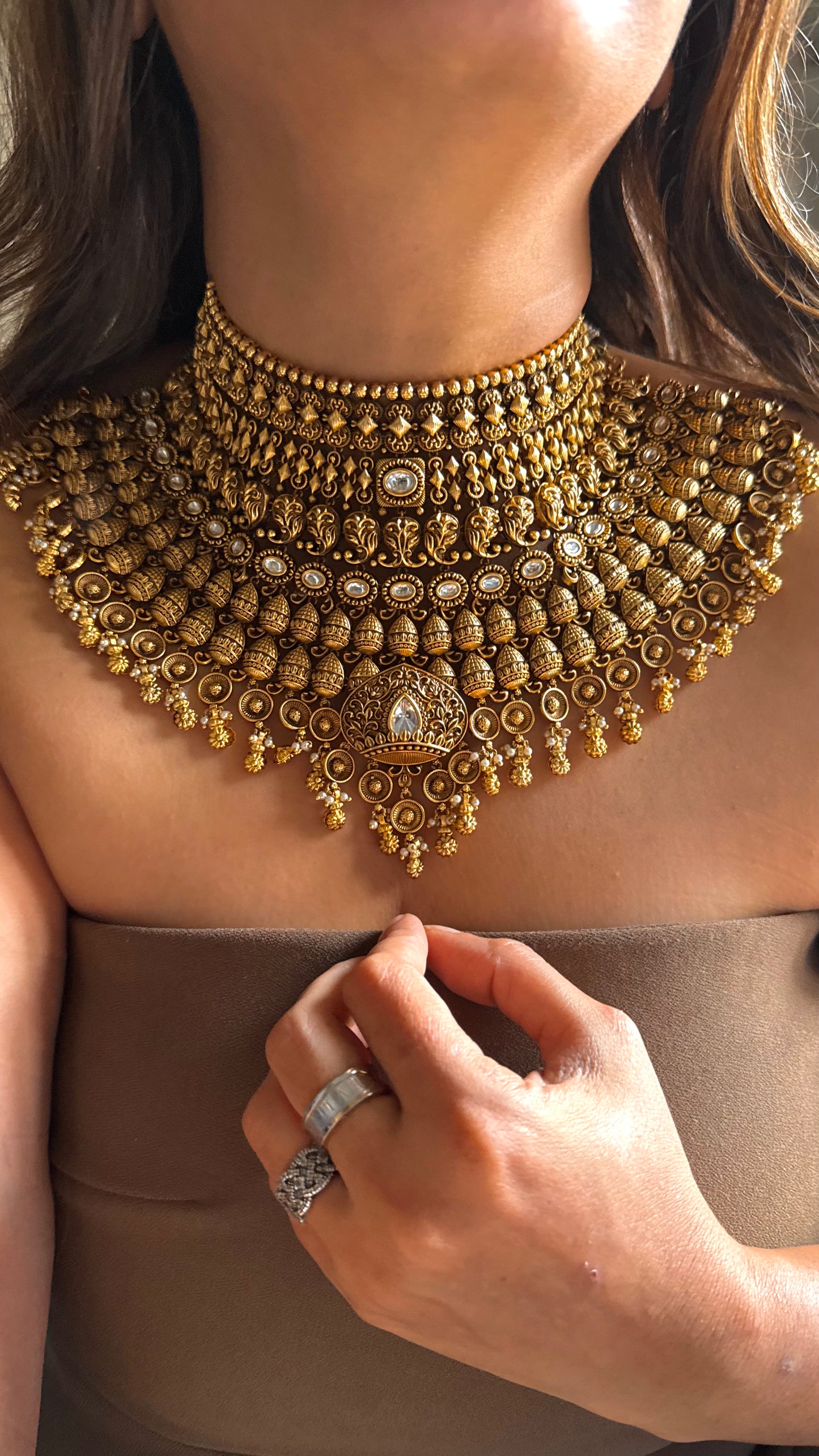 Oxidised heritage Royal bridal necklace set with gold drop detailing