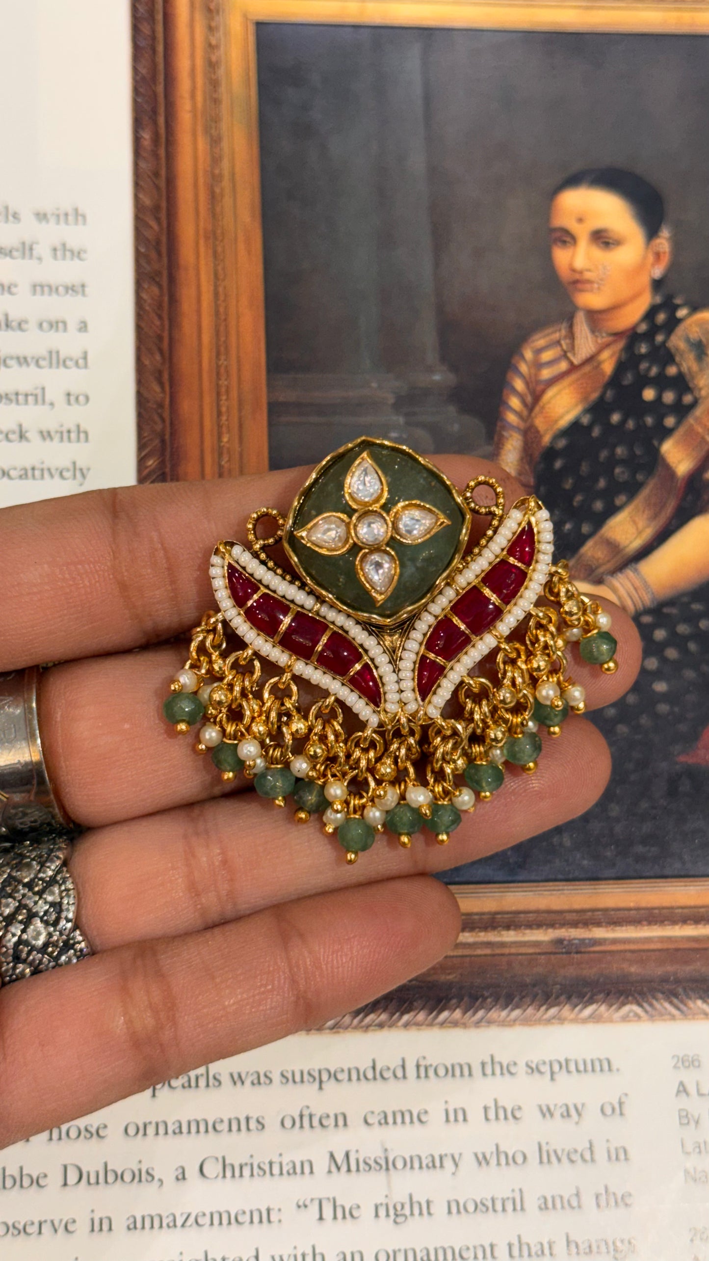 Emerald & Ruby floral Nakshi ring with mint drop detailing