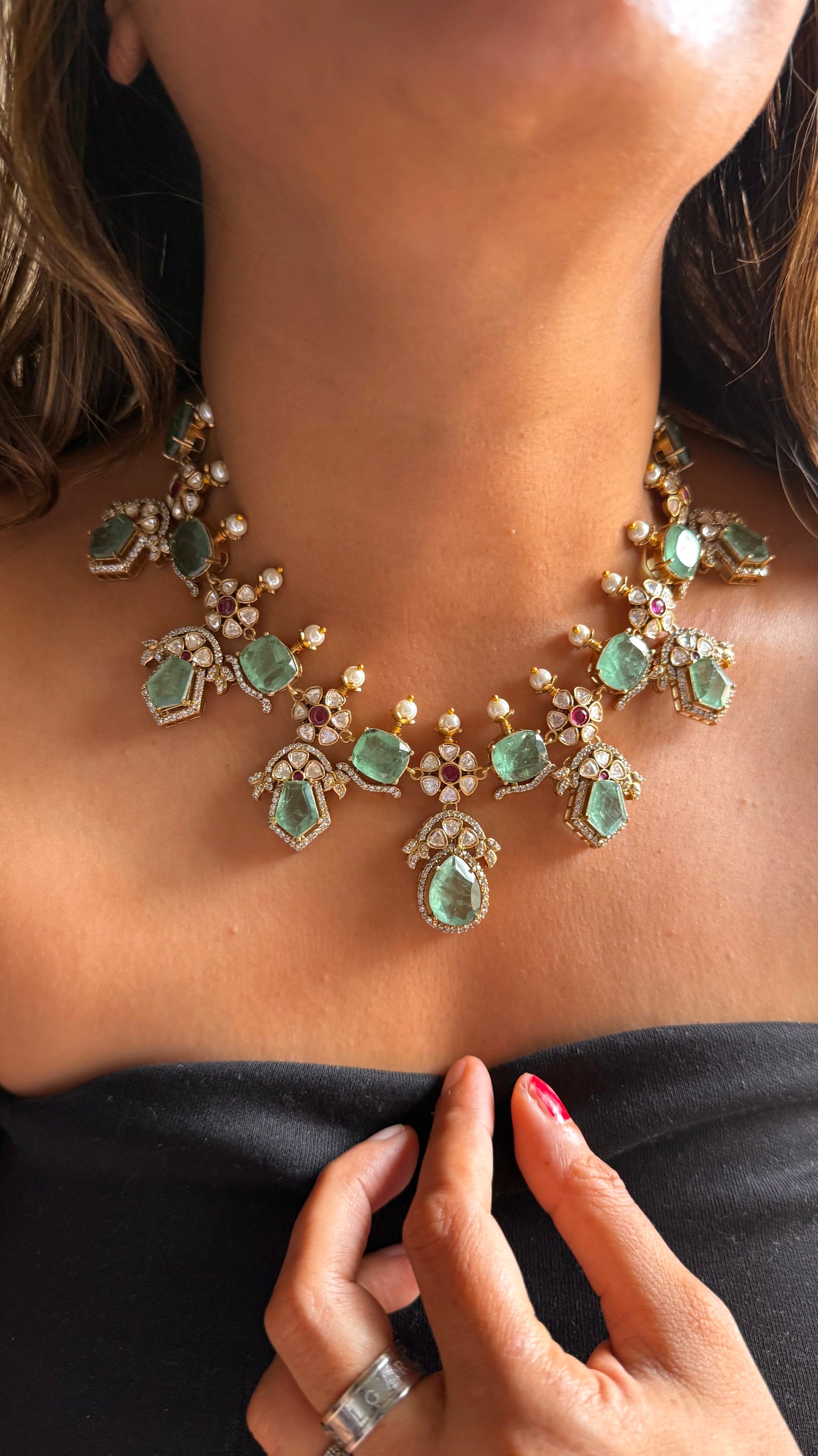 Mint doublet floral polki necklace